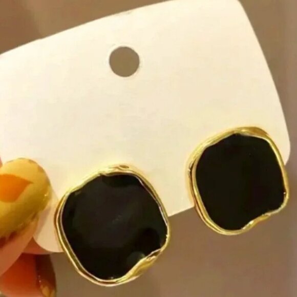 Women's Black Versatile Geometric Square Earrings with Gold Outline - Picture 2 of 8